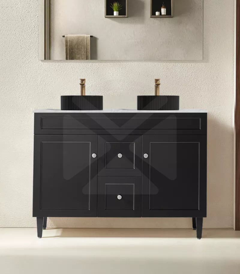 Harrington 1200mm Double Bowl Freestanding Vanity | Middle Drawers - Matt Black Marble Stone Top