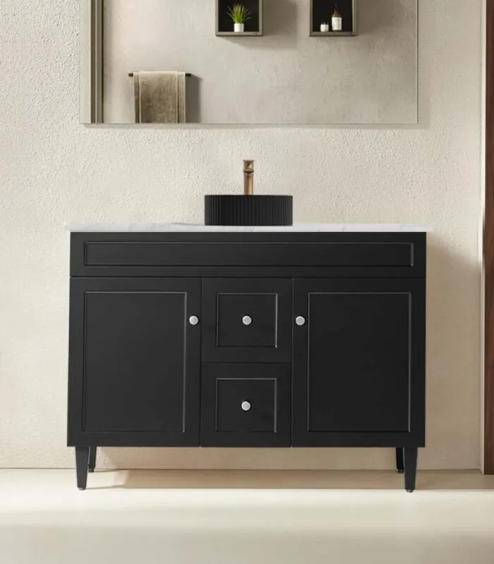Harrington 1200mm Single Bowl Freestanding Vanity | Middle Drawers - Matt Black Marble Stone Top