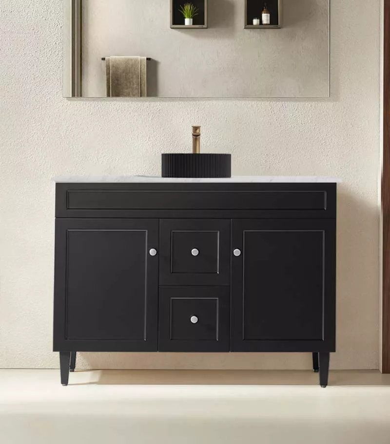 Harrington 1200mm Single Bowl Freestanding Vanity | Middle Drawers - Matt Black Marble Stone Top