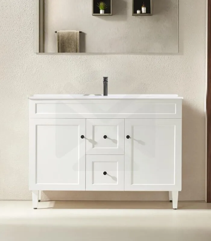 Harrington 1200mm Single Bowl Freestanding Vanity | Middle Drawers - Matt White Ceramic Top