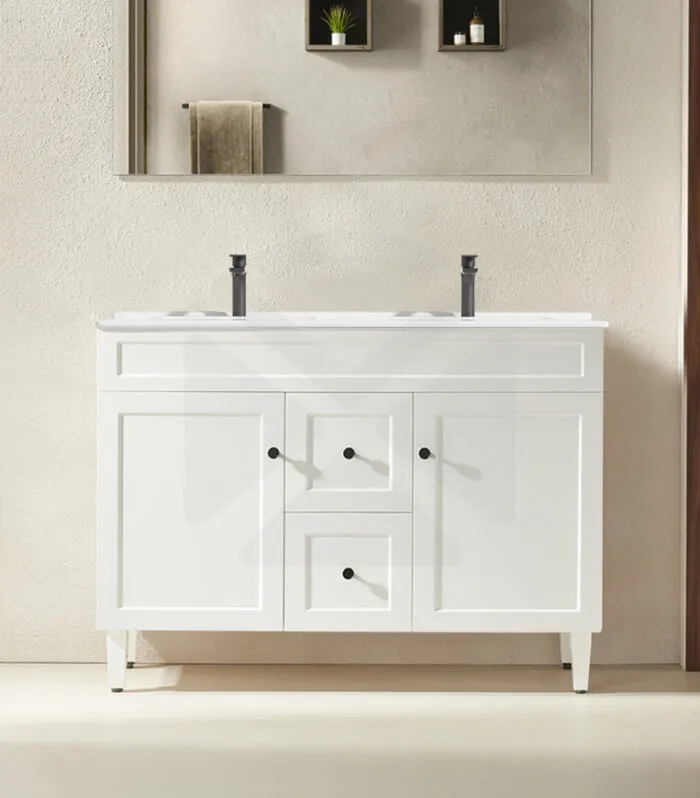 Harrington 1200mm Double Bowl Freestanding Vanity | Middle Drawers - Matt White Ceramic Top