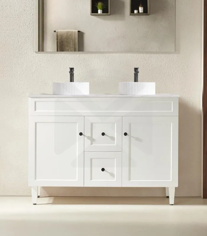 Harrington 1200mm Double Bowl Freestanding Vanity | Middle Drawers - Matt White Marble Stone Top