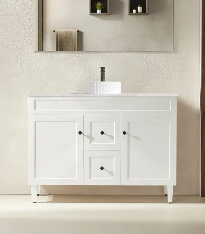 Harrington 1200mm Single Bowl Freestanding Vanity | Middle Drawers - Matt White Marble Stone Top