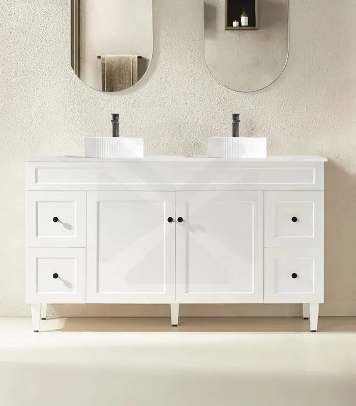 Harrington 1500mm Double Bowls Freestanding Vanity - Matt White With Stone Top