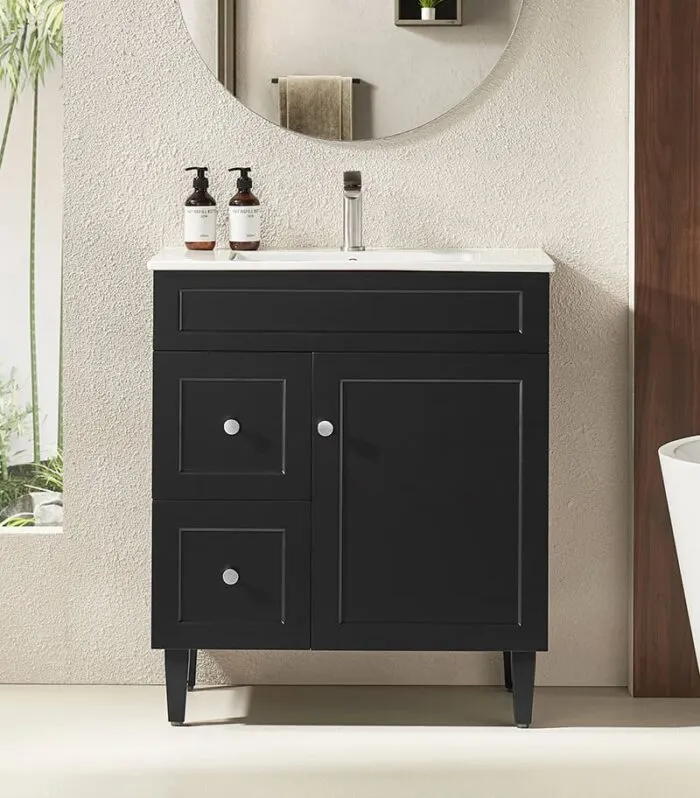 Harrington Matt Black 750mm PVC Freestanding Vanity Ceramic Top LH Drawers