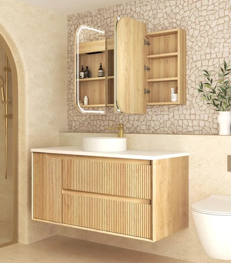 Newport LED Shaving Cabinet - Natural Oak Interior Side