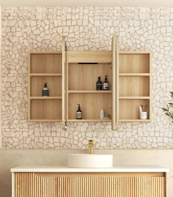 Newport LED 1200x750mm Shaving Cabinet - Natural Oak Interior Front