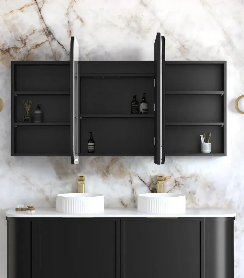 Newport LED 1500x750mm Shaving Cabinet - Black Oak Interior