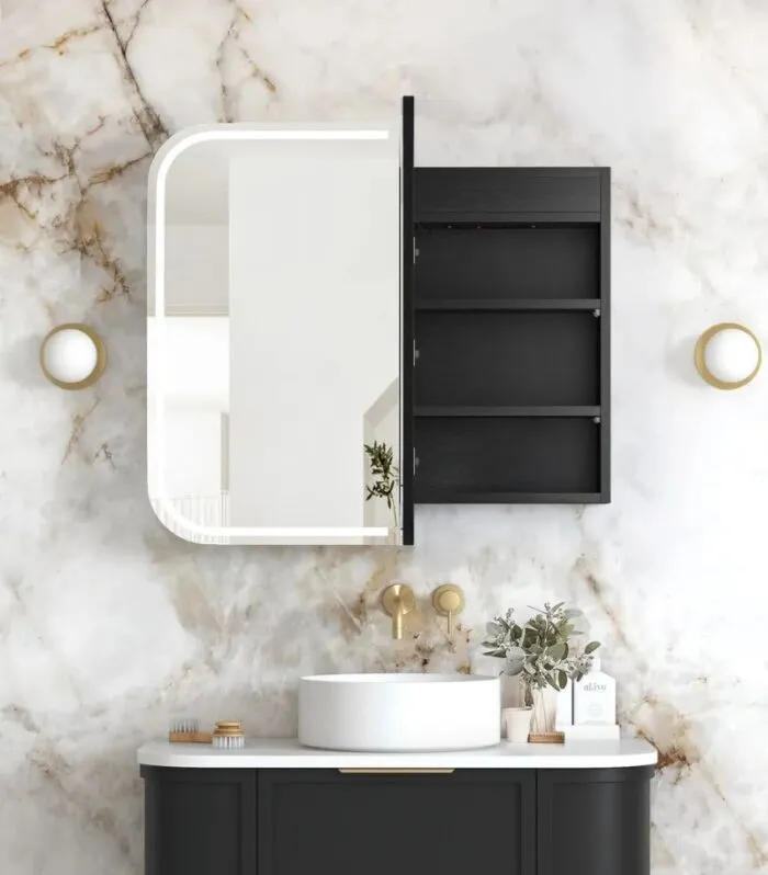 Newport LED 900x750mm Shaving Cabinet Black Oak Interior