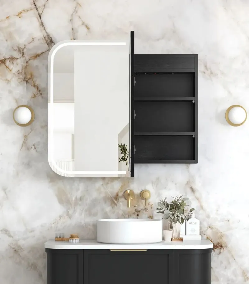 Newport LED 900x750mm Shaving Cabinet Black Oak Interior