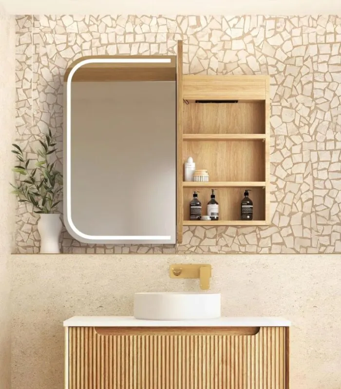 Newport LED 900x750mm Shaving Cabinet Natural Oak Interior