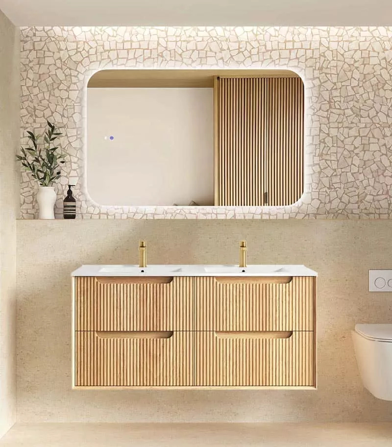 Byron Fluted 1200mm Double Bowl Wall Hung Vanity - Woodland Oak with Ceramic Top