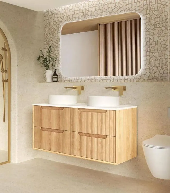 Byron Fluted 1200mm Double Bowl Wall Hung Vanity - Woodland Oak Side View