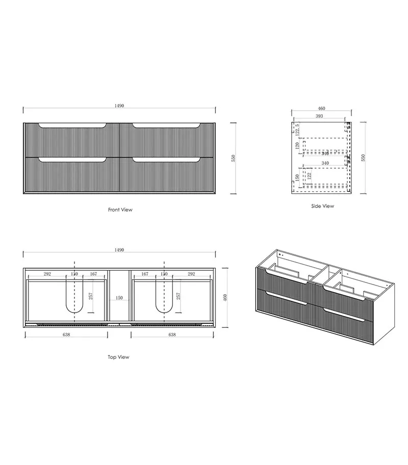 Byron Fluted 1500mm Wall Hung Vanity - Woodland Oak Specification