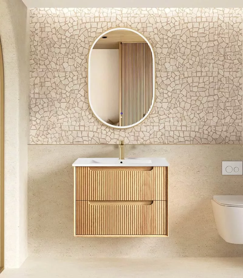 Byron Fluted Wooldland Oak 750mm Wall Hung Vanity with Ceramic Top