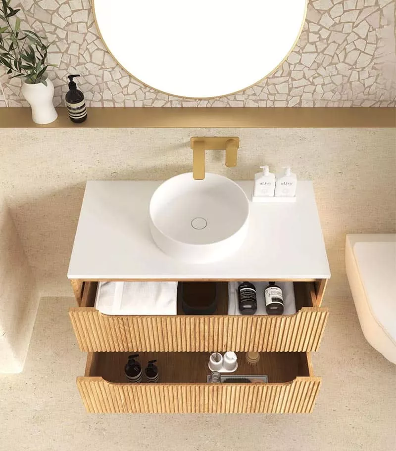 Byron Fluted Wooldland Oak 750mm Wall Hung Vanity Open Drawers
