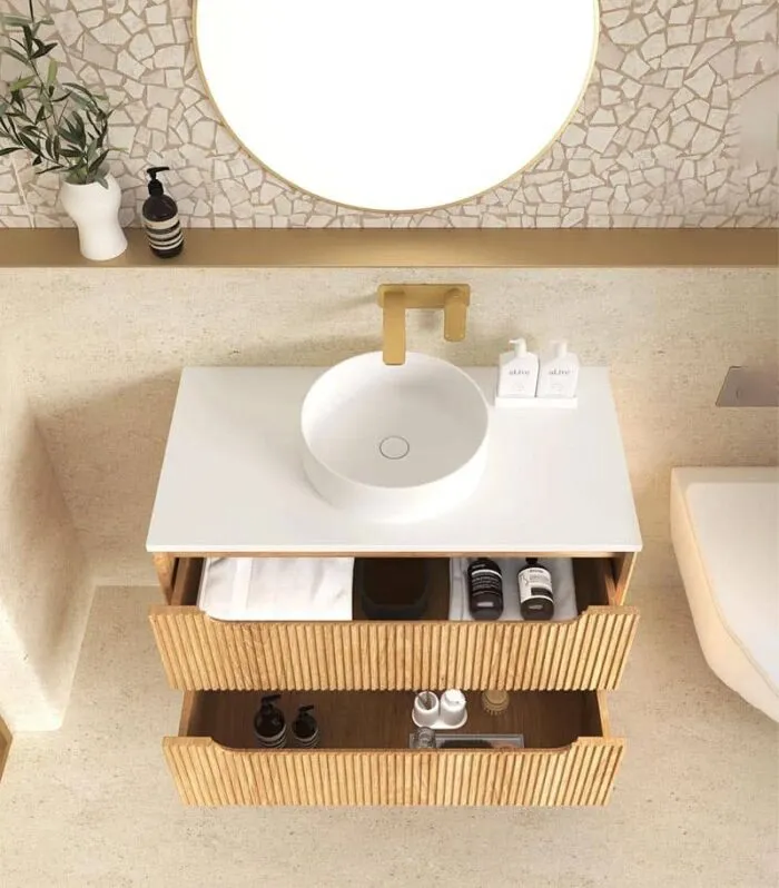 Byron Fluted Woodland Oak 900mm Wall Hung Vanity Open Drawers