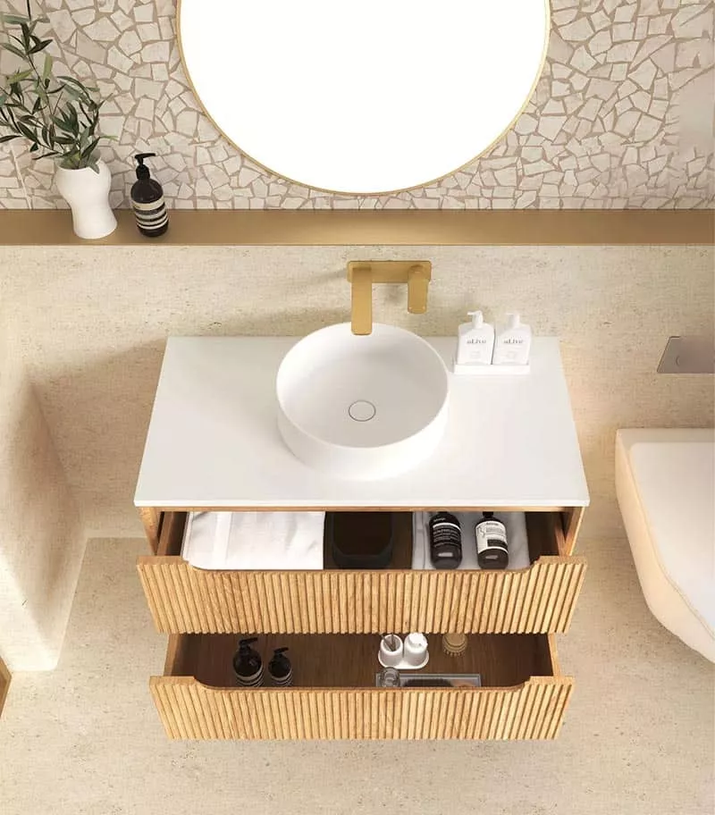 Byron Fluted Woodland Oak 900mm Wall Hung Vanity Open Drawers