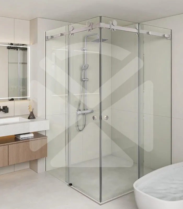 Square / L Shape Frameless Double-Corner Sliding Door Shower Screen – Brushed Nickel Fittings