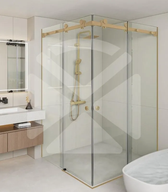 Square / L Shape Frameless Double-Corner Sliding Door Shower Screen – Light Gold Fittings