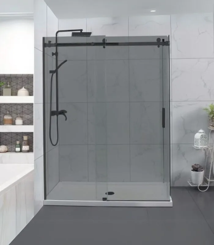 L-Shape Frameless Sliding Door Shower Screen with Grey Glass – Gunmetal Fittings