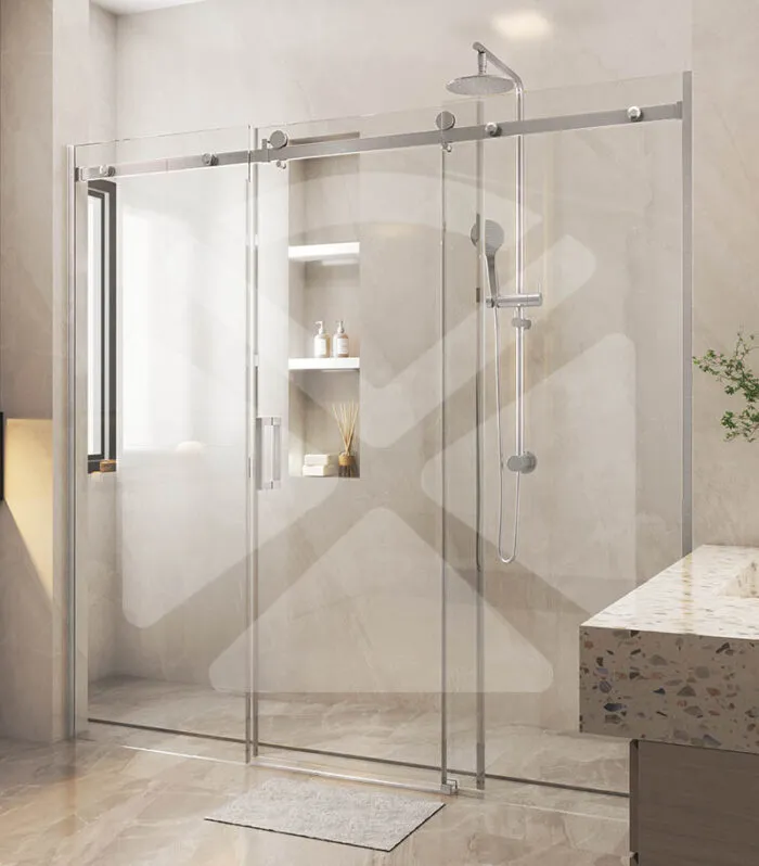 Three-Panel Frameless Wall to Wall Shower Screen – Brushed Nickel Fittings