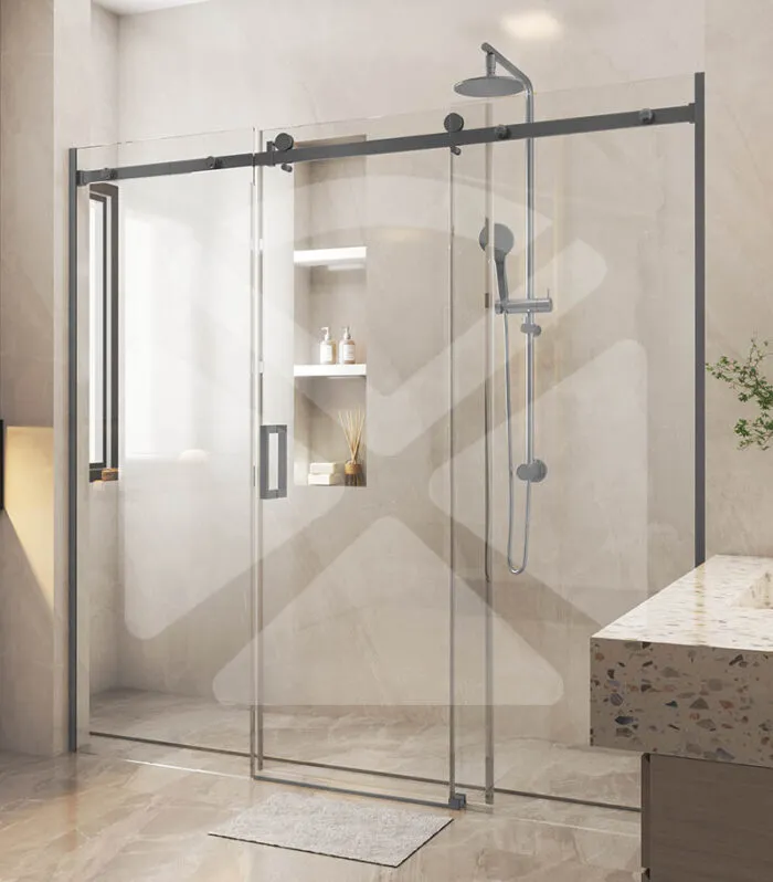 Three-Panel Frameless Wall to Wall Shower Screen – Gunmetal Fittings