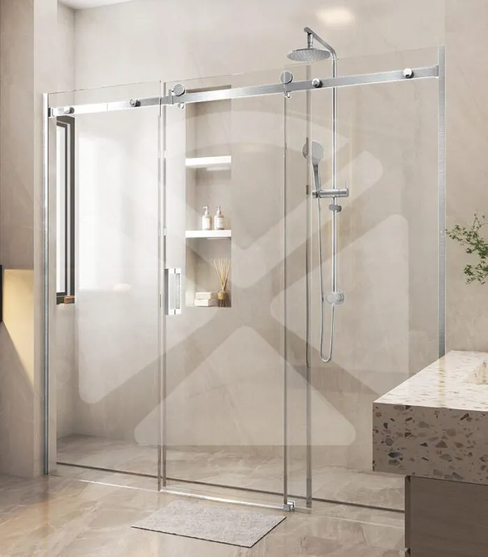 Three-Panel Frameless Wall to Wall Shower Screen – Chrome Fittings