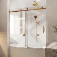 Frameless Wall to Wall Overbath Shower Screen – Brushed Gold Fittings Frameless Wall to Wall Overbath Shower Screen – Brushed Gold Fittings