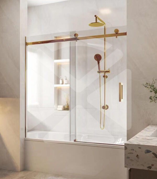 Frameless Wall to Wall Overbath Shower Screen – Brushed Gold Fittings