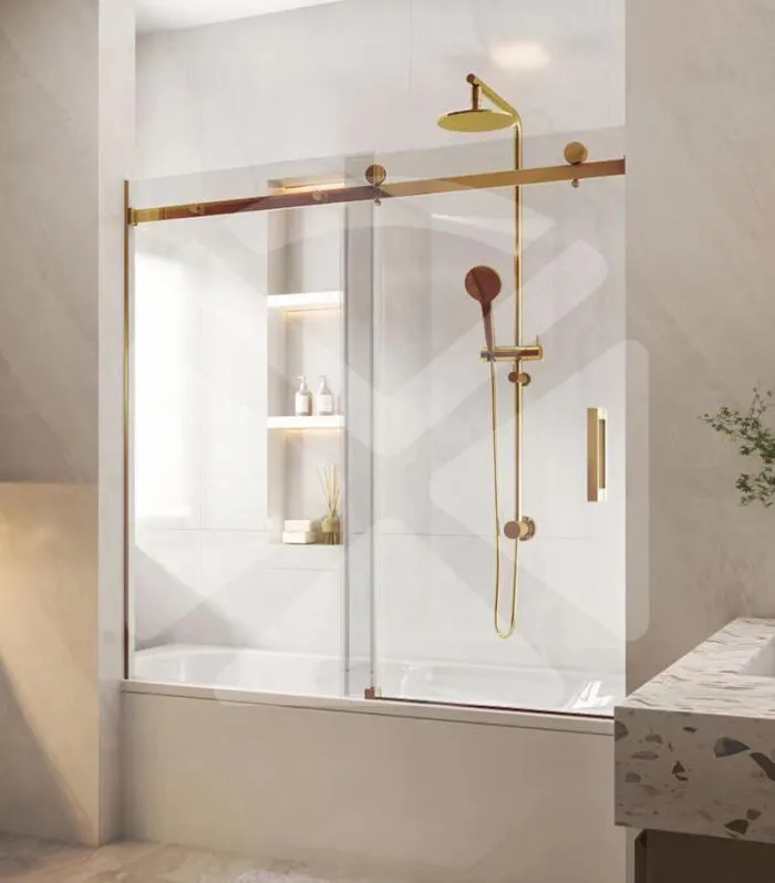 Frameless Wall to Wall Overbath Shower Screen – Brushed Gold Fittings