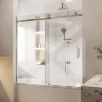 Frameless Wall to Wall Overbath Shower Screen – Brushed Nickel Fittings