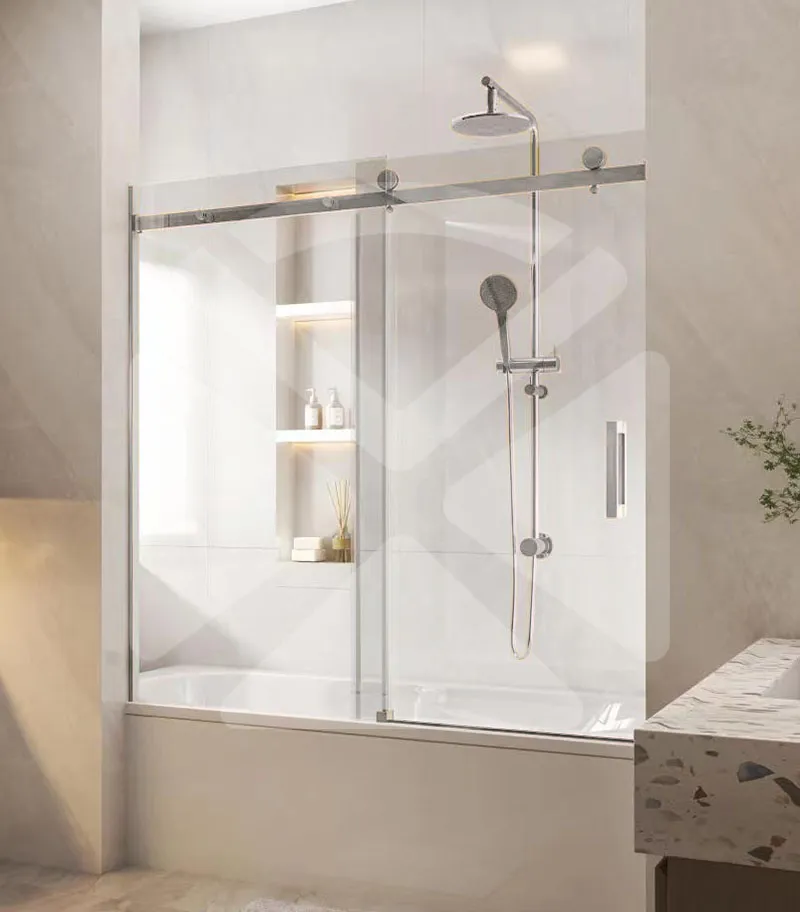 Frameless Wall to Wall Overbath Shower Screen – Brushed Nickel Fittings