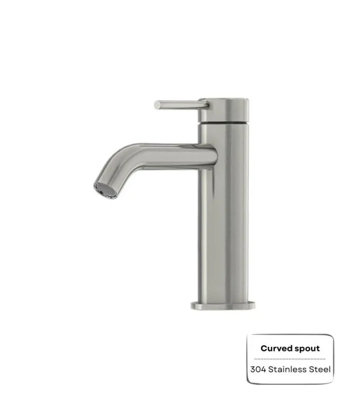 Amoza Curved Spout Short Basin Mixer - Brushed Nickel
