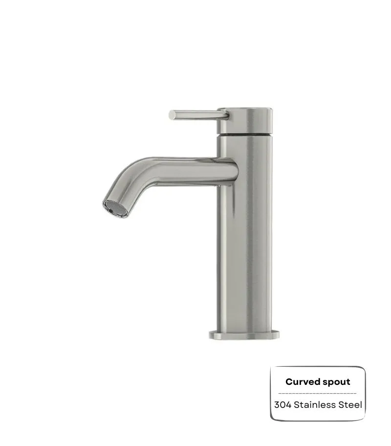 Amoza Curved Spout Short Basin Mixer - Brushed Nickel