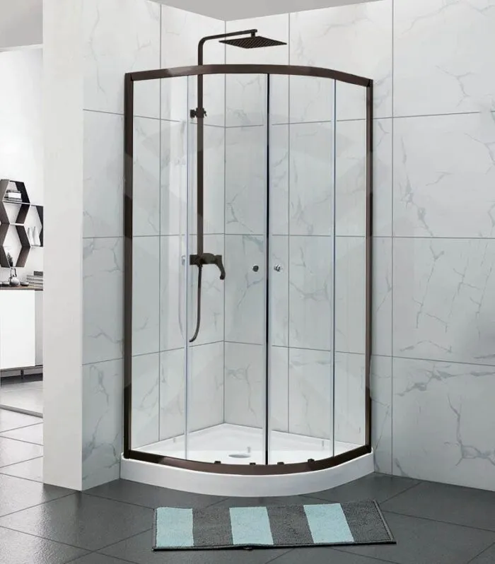 Curved Semi-Frameless Sliding Door Shower Screen with Centre Opening – Matt Black Fittings