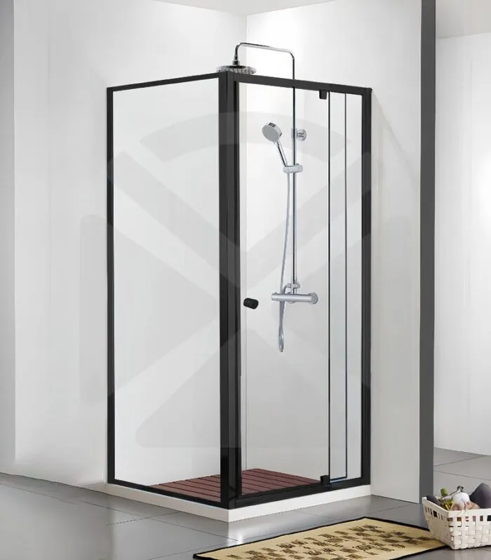 Square & L-Shape Semi-Frameless Pivot Door Shower Screen with Knob Handle - Matt Black Fittings