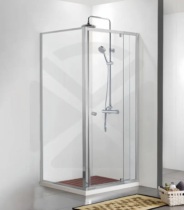 Square & L-Shape Semi-Frameless Pivot Door Shower Screen with Knob Handle - Brushed Nickel Fittings