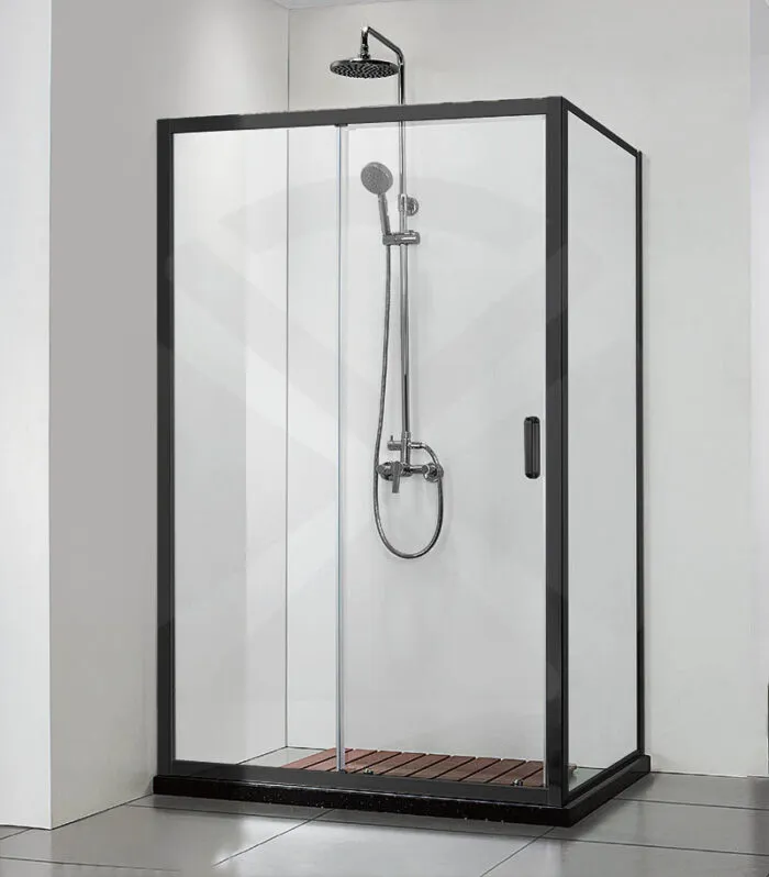 Square & L-Shape Semi-Frameless Sliding Door Shower Screen with Square Handle – Matt Black Fittings