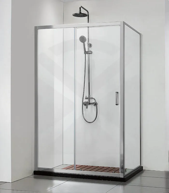 Square & L-Shape Semi-Frameless Sliding Door Shower Screen with Square Handle – Brushed Nickel Fittings
