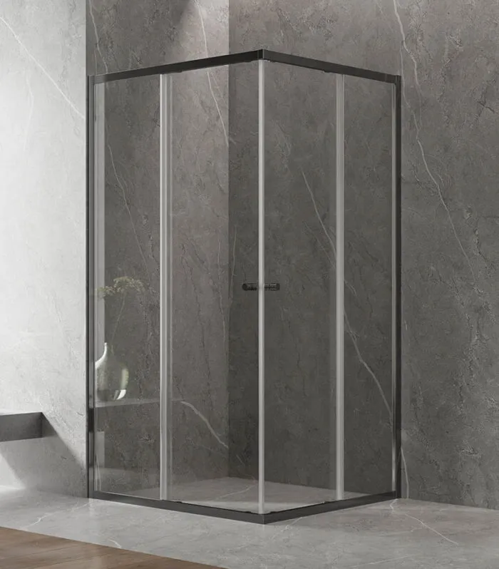 Square & L-Shape Semi-Frameless Sliding Door Shower Screen with Centre Opening – Matt Black Fittings