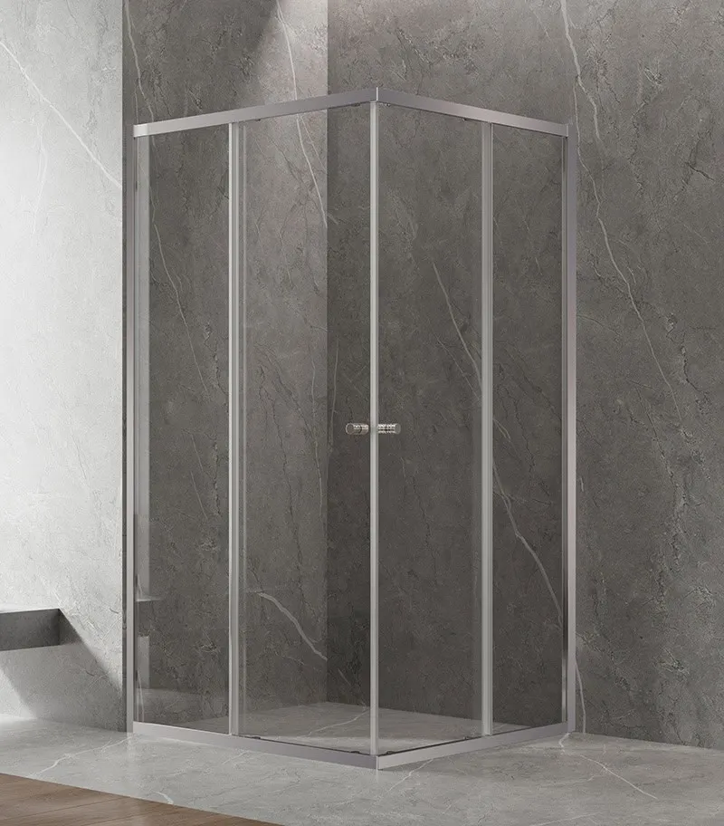 Square & L-Shape Semi-Frameless Sliding Door Shower Screen with Centre Opening – Brushed Nickel Fittings