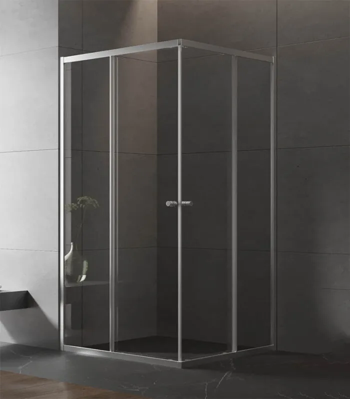 Square & L-Shape Semi-Frameless Sliding Door Shower Screen with Centre Opening – Chrome Fittings