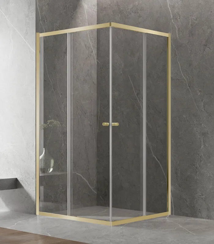 Square & L-Shape Semi-Frameless Sliding Door Shower Screen with Centre Opening – Light Gold Fittings