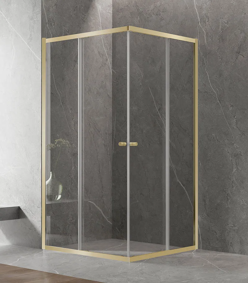 Square & L-Shape Semi-Frameless Sliding Door Shower Screen with Centre Opening – Light Gold Fittings