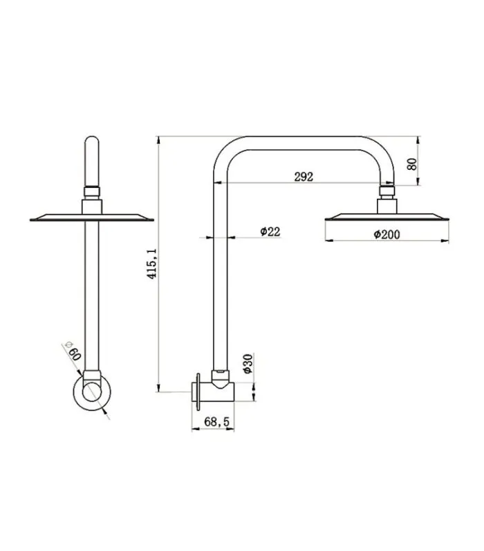 Amoza SST Shower Head With Gooseneck Arm Specification