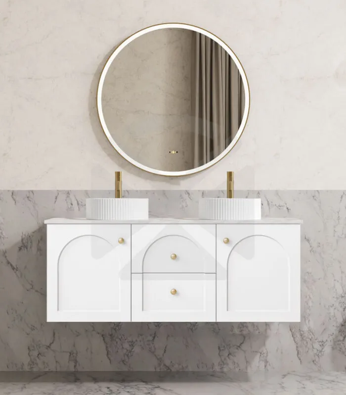 Chester 1200mm Double Bowl Wall Hung Vanity - Matt White with Double Marble Stone Top