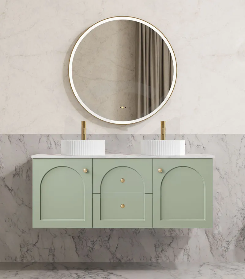 Chester 1200mm Double Bowl Wall Hung Vanity - Matt Green with Marble Stone Top