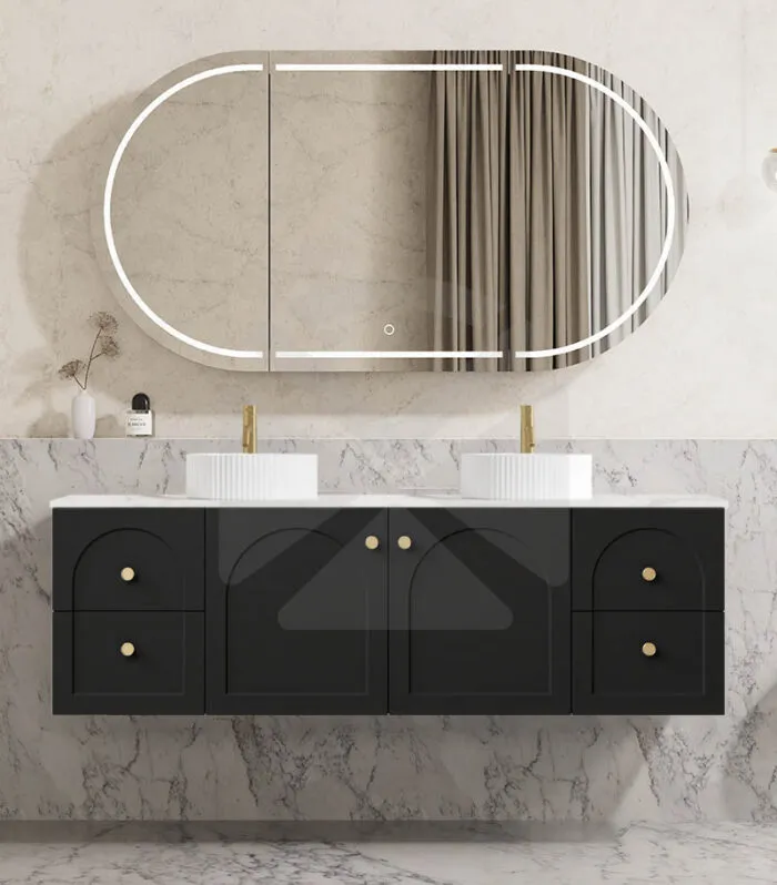 Chester 1500mm Double Bowl Wall Hung Vanity - Matt Black with Marble Stone Top
