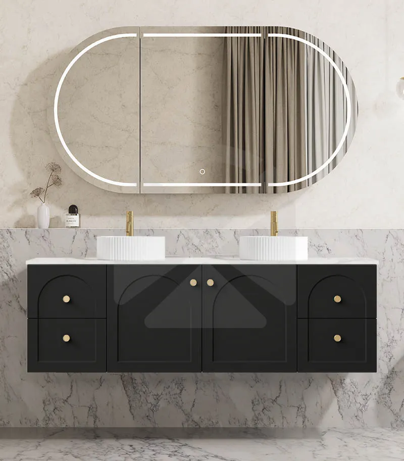 Chester 1500mm Double Bowl Wall Hung Vanity - Matt Black with Marble Stone Top